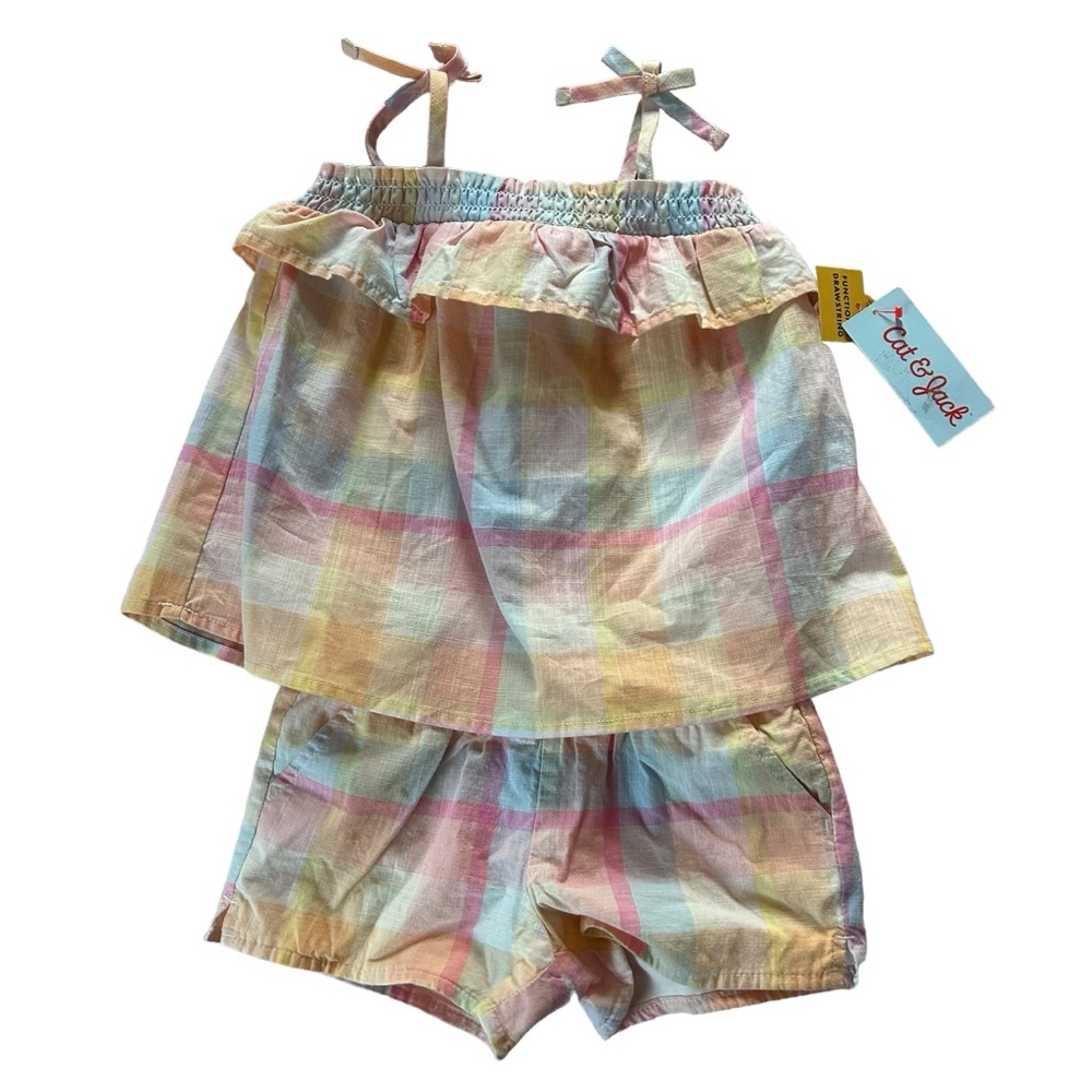 NWT 2T Cat & Jack Rainbow Plaid 2 Piece Summer Outfit Spaghetti Strap Shirt Shor